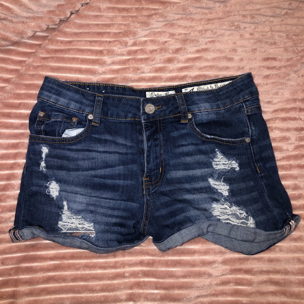 Dark washed ripped jean shorts